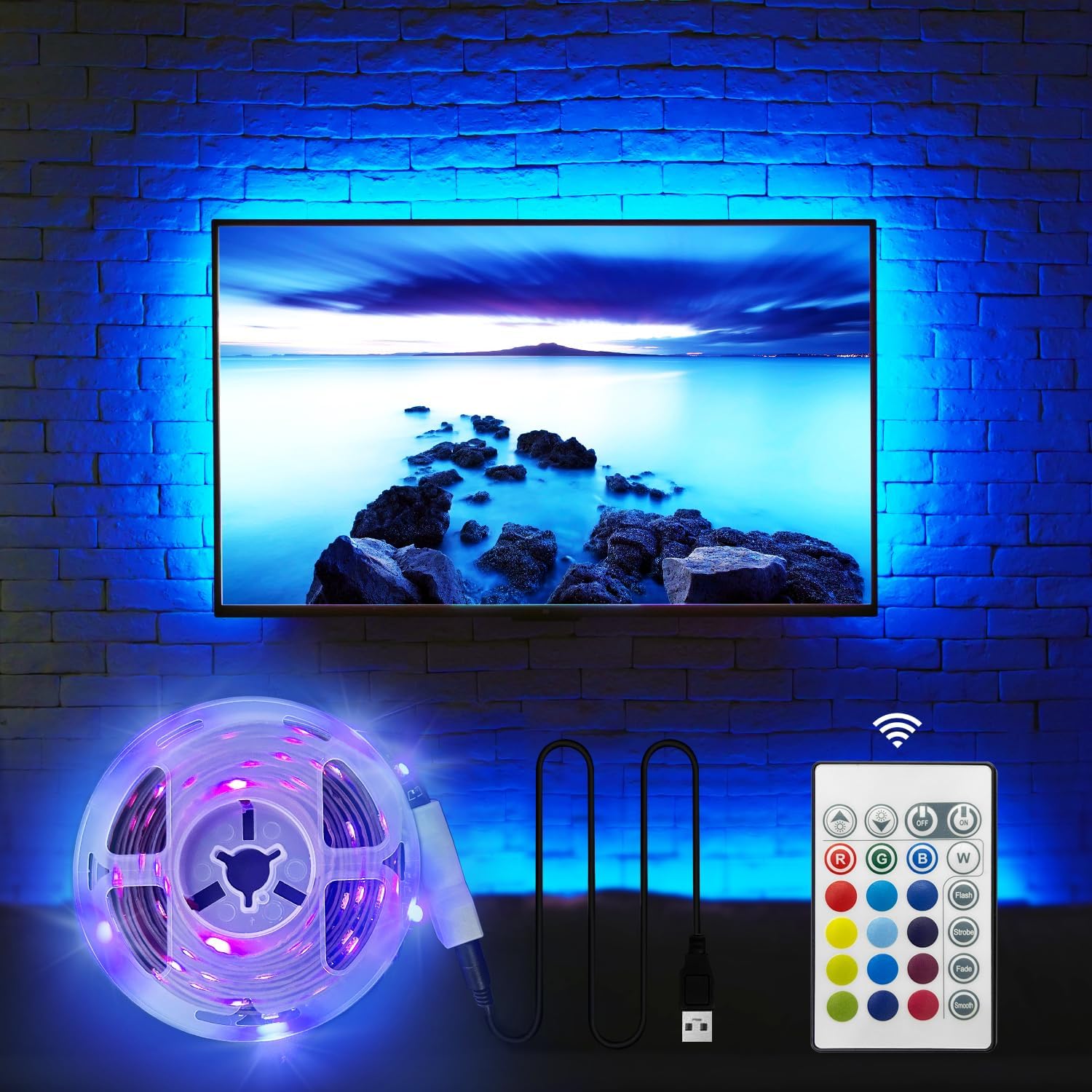 LED Strip Light with Remote Control (USB Powered) Red/Blue/Green 2meter